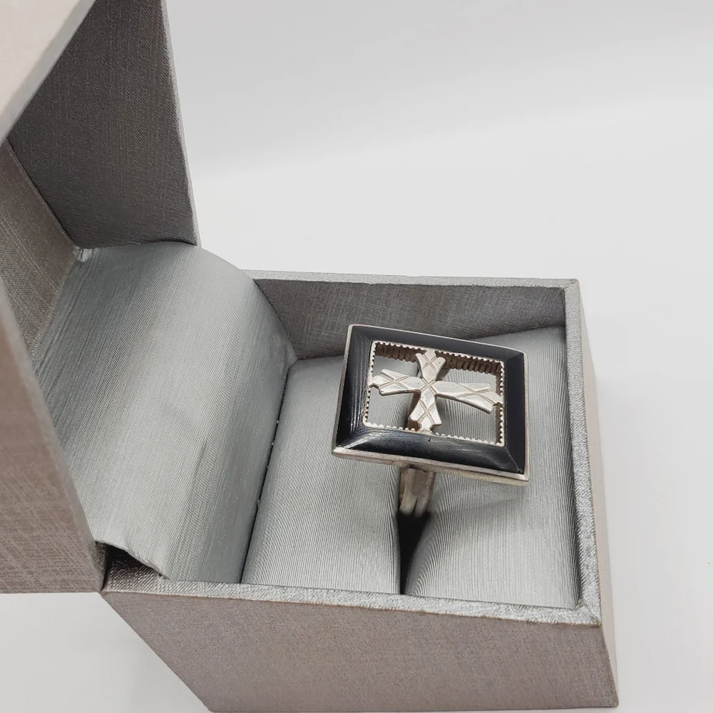 Genuine Black Onyx 925 Sterling Silver Vintage Statement Cross Ring